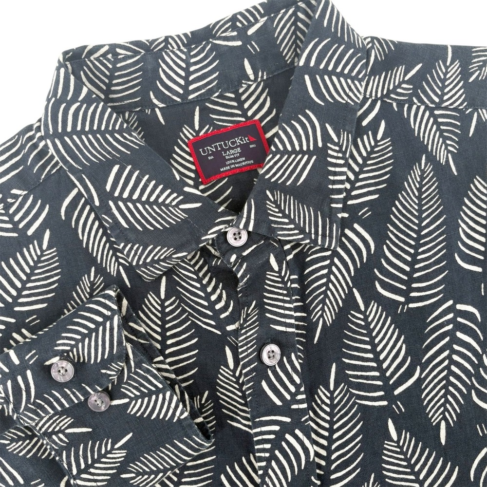 UNTUCKit Men's Large Slim Fit 100% Linen Leaf Print Button Down Shirt Blue - Picture 1 of 9